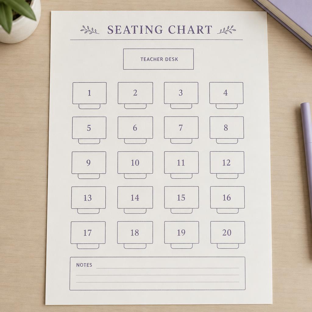 Printed seating chart page with desk grid