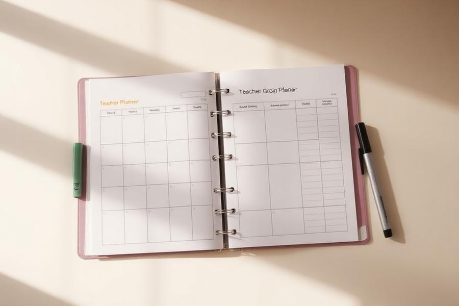 Weekly teacher planner spread open on a desk